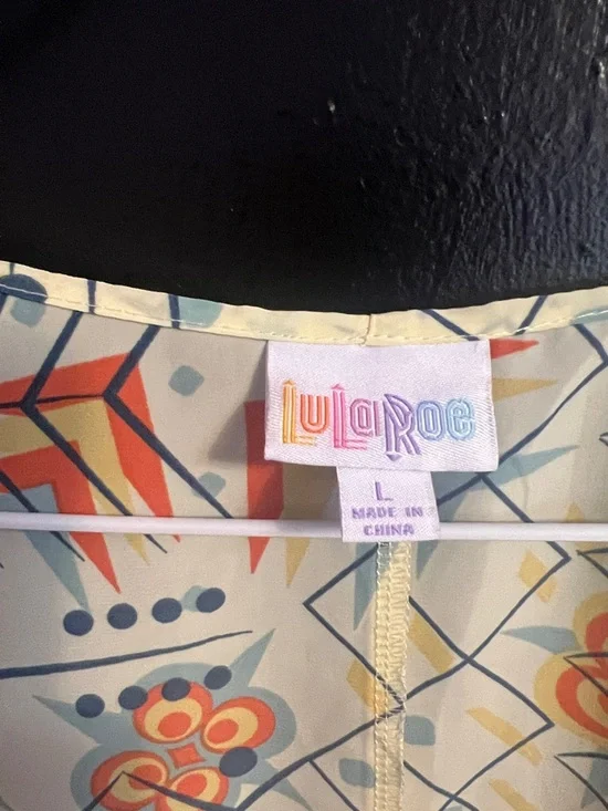 LuLaRoe Cream Kimono with Orange & Blue Floral Geometric Print - Picture 2 of 4